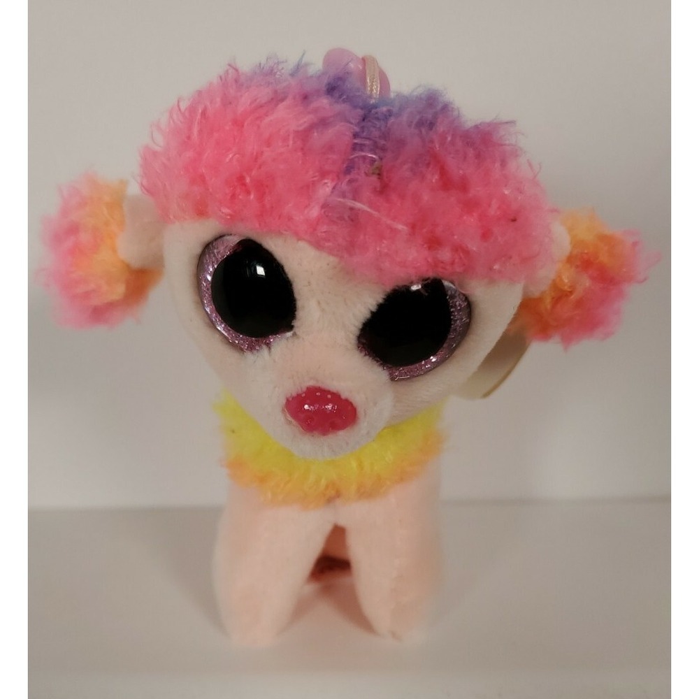 TY Beanie Boos Key Chain Clip RAINBOW the Poodle Glitter Eyes 2018 Back 4" NEW
